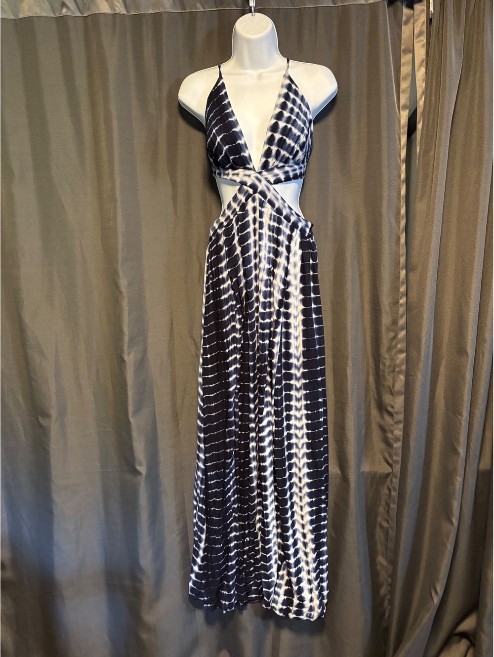 Blue and White Tie-Dye Cutout Maxi Dress with Strappy Back
